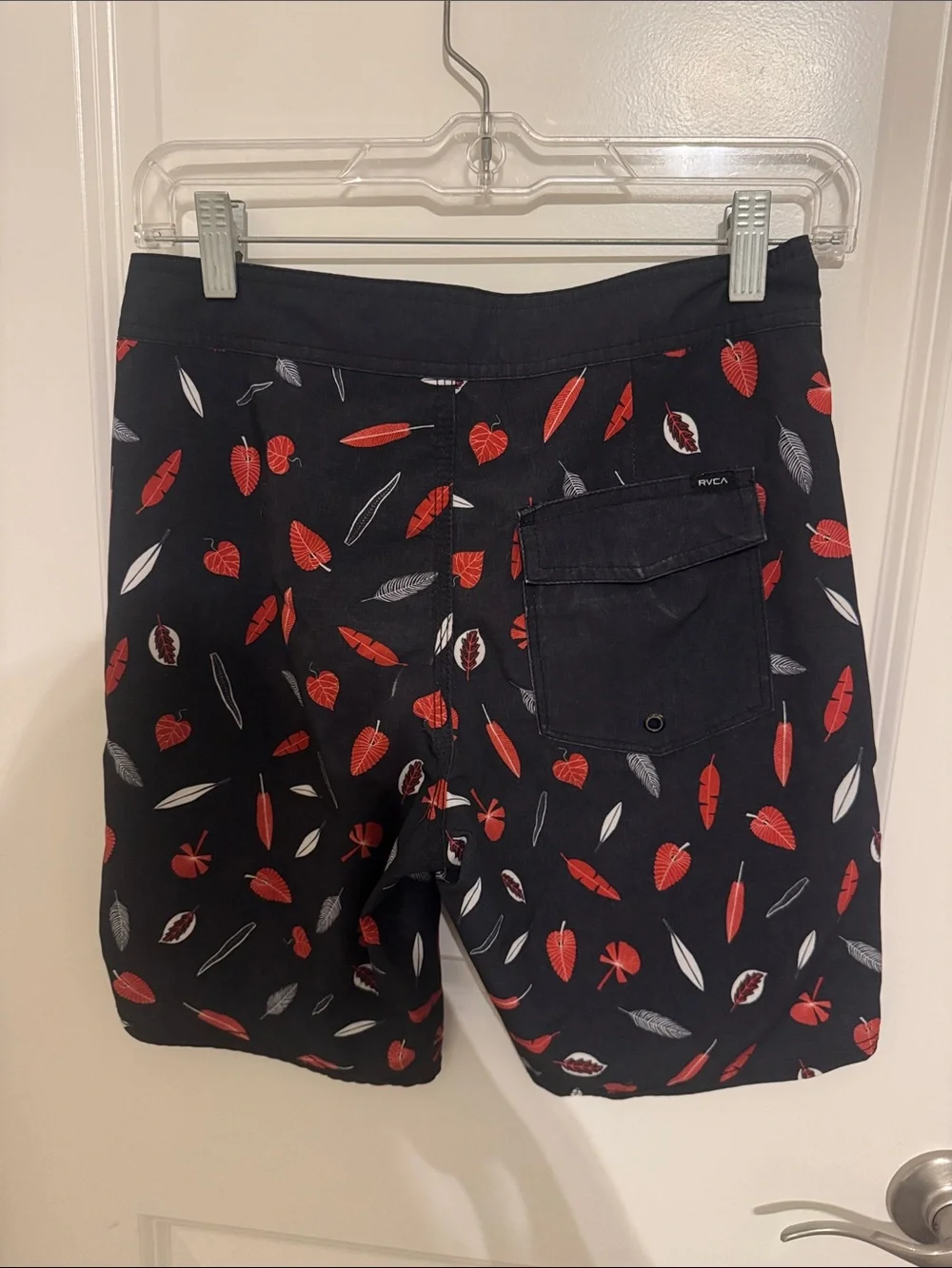 RVCA Black Swim Trunks with Red and White Leaf Pattern